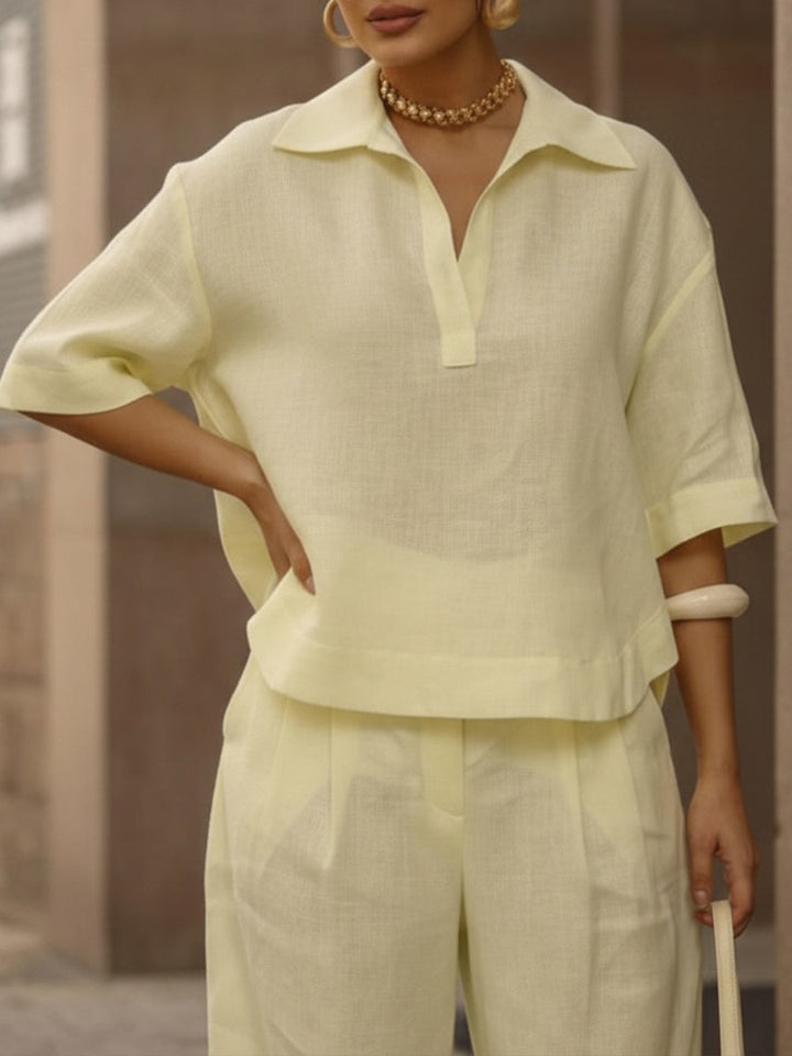 Set di Camicia e Pantaloni a Gamba Larga in Lino e Cotone per Donna