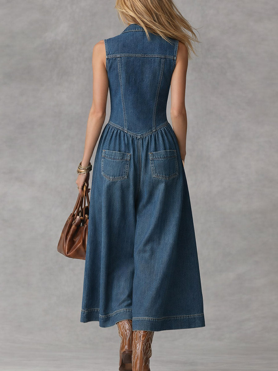 Tuta Denim Larga Senza Maniche da Donna con Collo a Revers