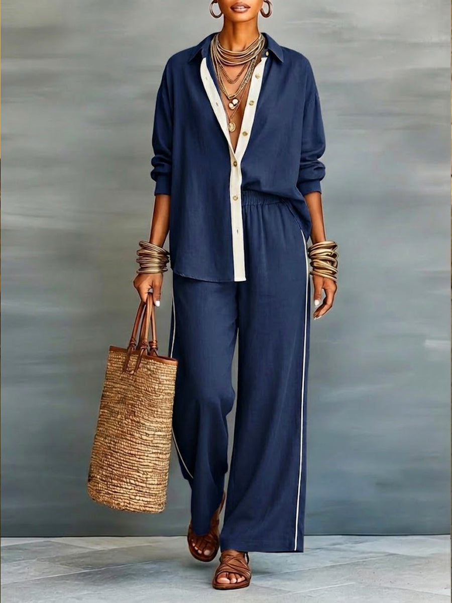 Set di due pezzi: Camicia in Lino e Cotone Casual e Pantaloni a Gamba Larga