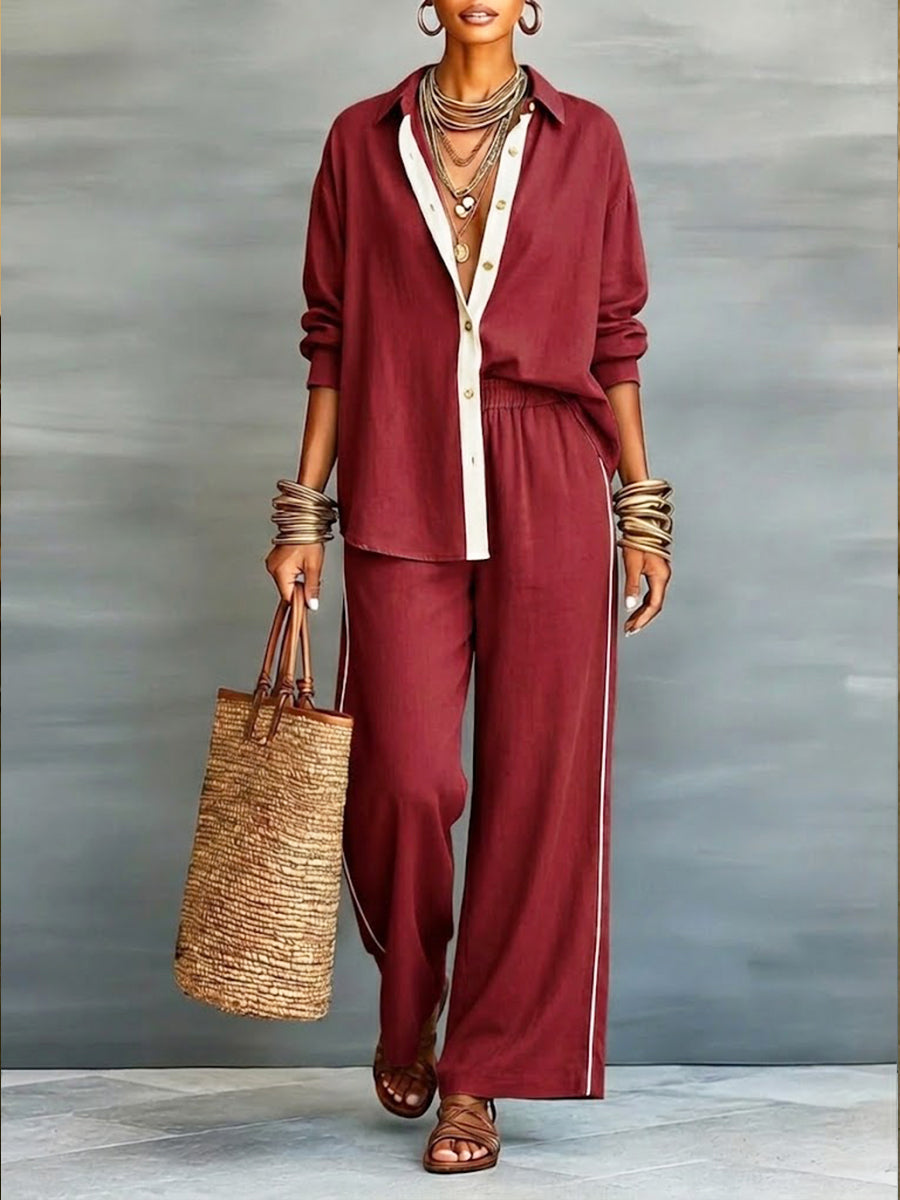 Set di due pezzi: Camicia in Lino e Cotone Casual e Pantaloni a Gamba Larga