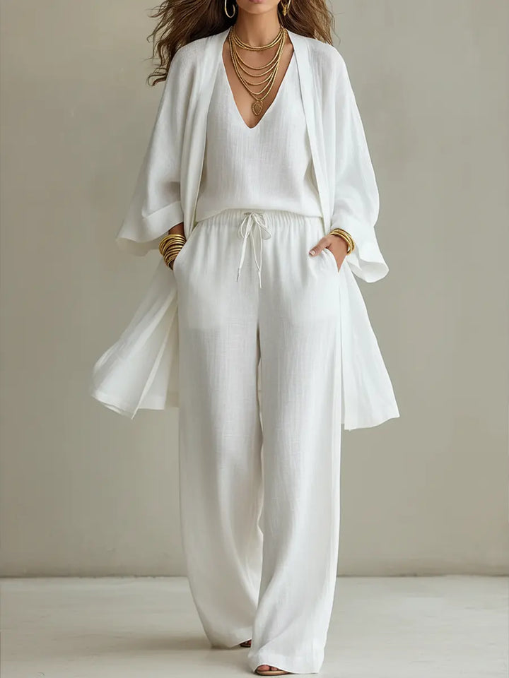 Set di Pantaloni Larghi Minimalisti in Cotone e Lino per Donna