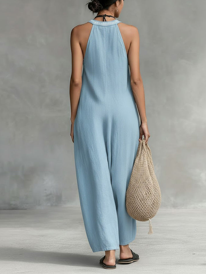 Salopette Donna Senza Maniche V-Neck a Collo Halter in Cotone Lino a Colore Unico