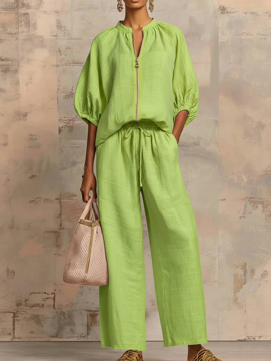 Set di Due Pezzi in Lino Cotone con Camicia Elegante e Pantaloni a Gamba Larga