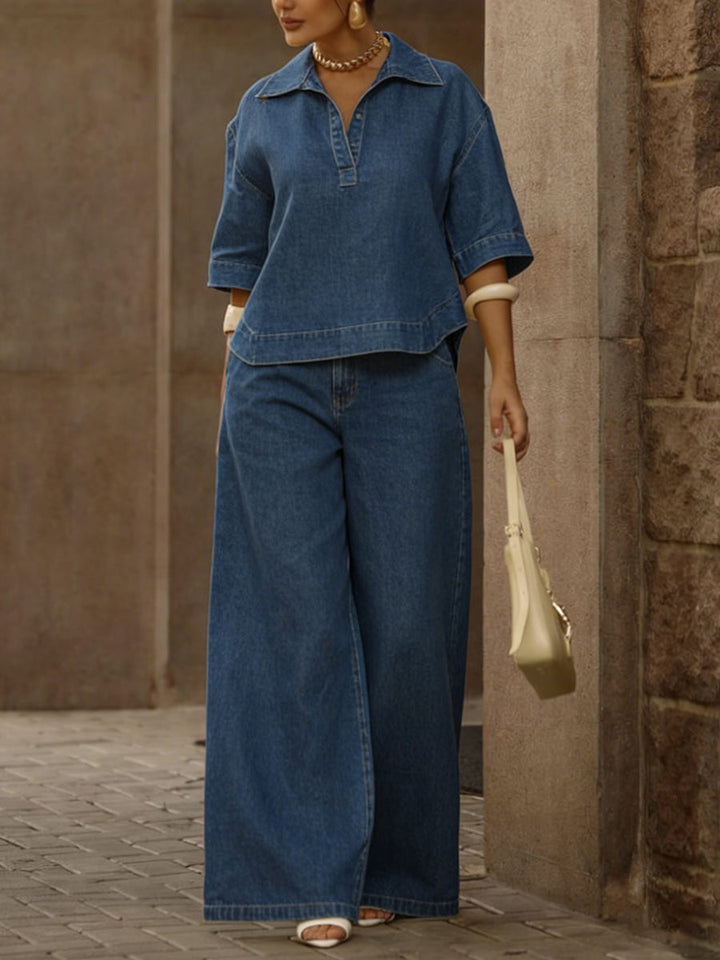 Completo Due Pezzi Top in Denim 100% Cotone e Pantaloni a Gamba Larga per Donna