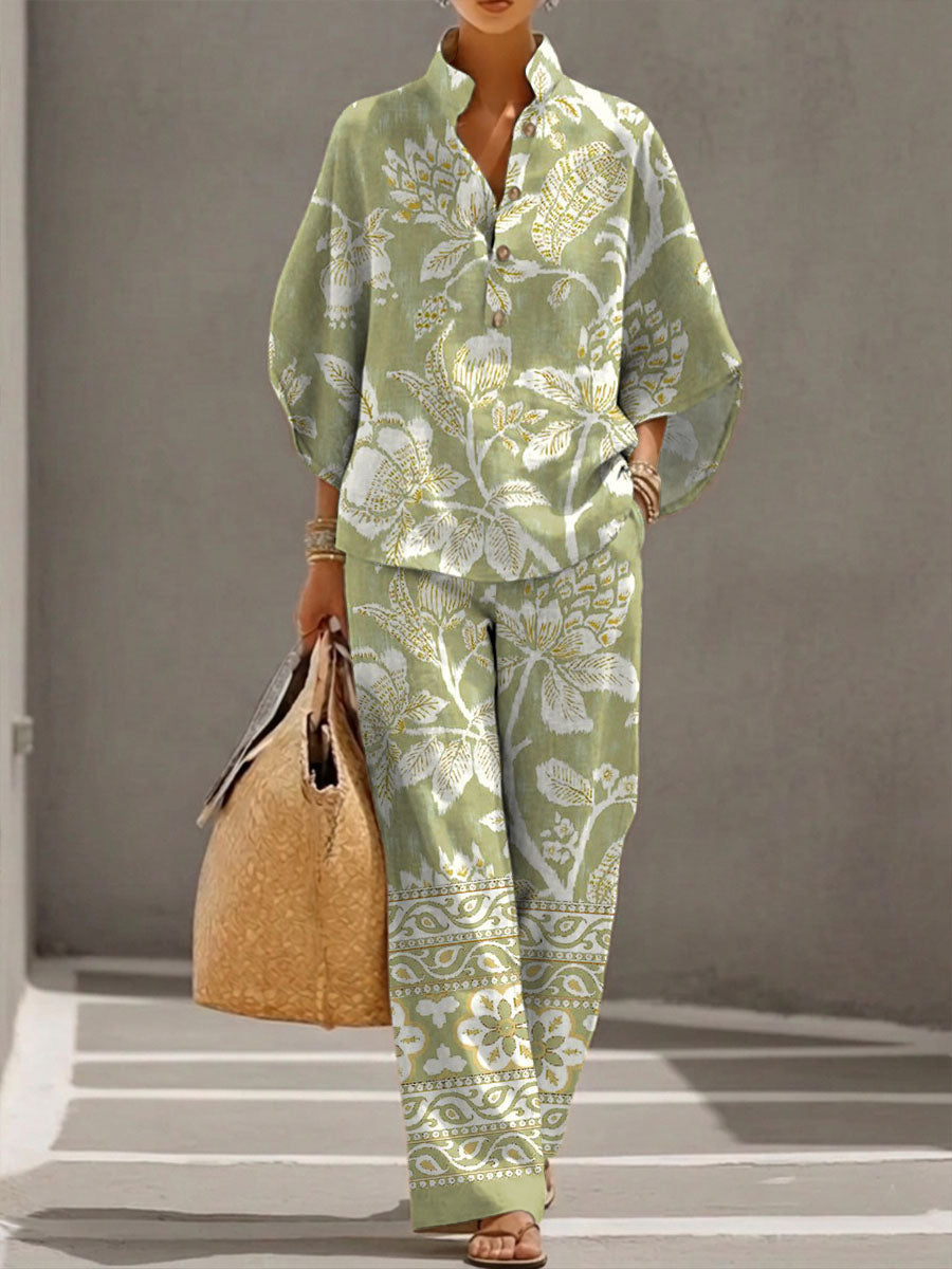 Set di due pezzi casual in cotone-lino con stampa floreale da donna