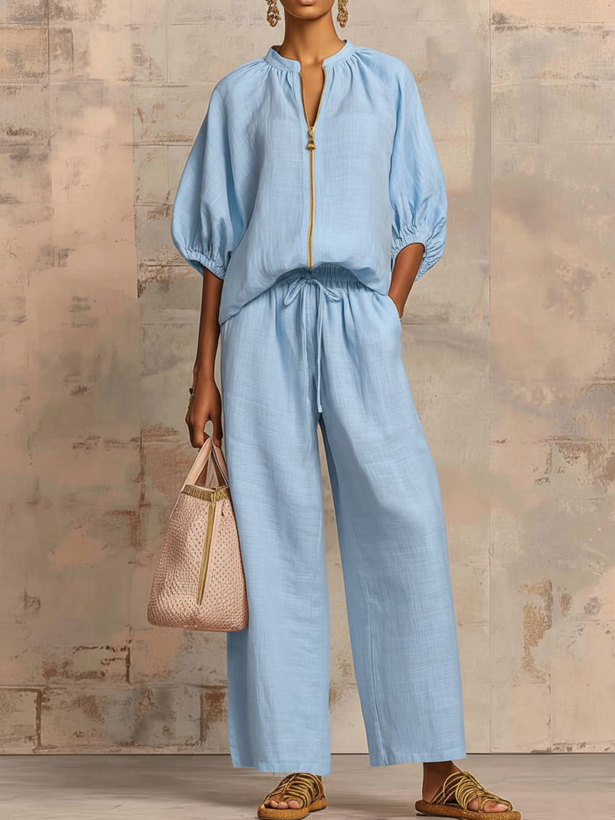 Set di Due Pezzi in Lino Cotone con Camicia Elegante e Pantaloni a Gamba Larga