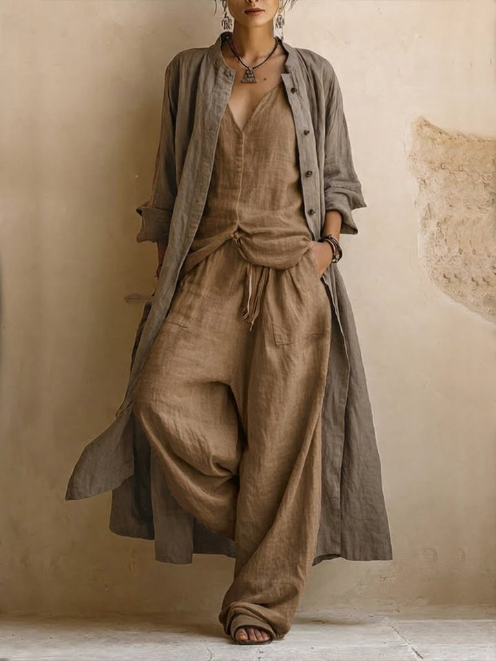 Set di tre pezzi: cardigan lungo e top senza maniche in lino e cotone bohemien casual