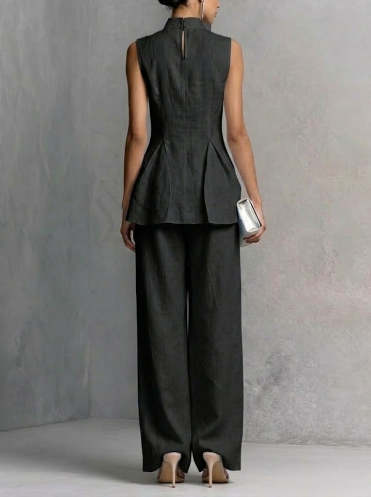 Set di due pezzi in lino e cotone slim-fit senza maniche