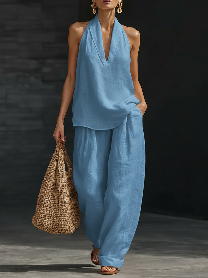 Set di due pezzi minimalista in lino, casual e accogliente