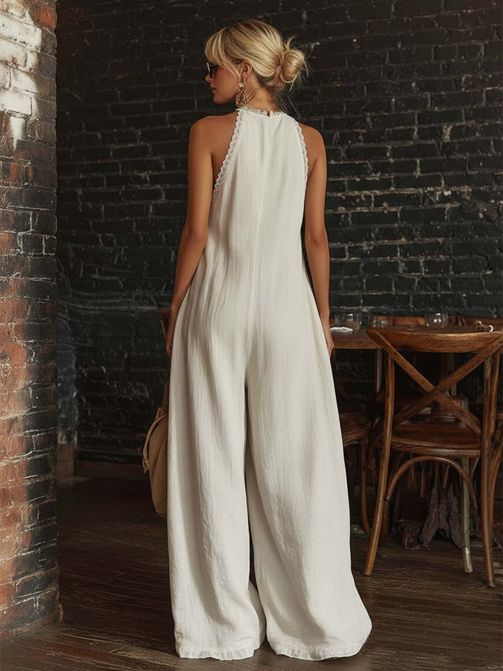 Elegante e Sexy Tuta in Pizzo con Scollo a V in Cotone e Lino