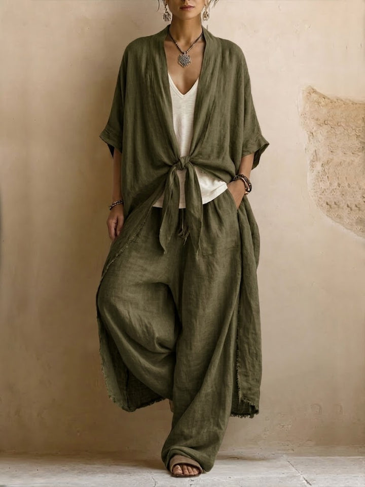 Set Due Pezzi in Cotone e Lino Stile Boho con Cardigan Lungo e Pantaloni