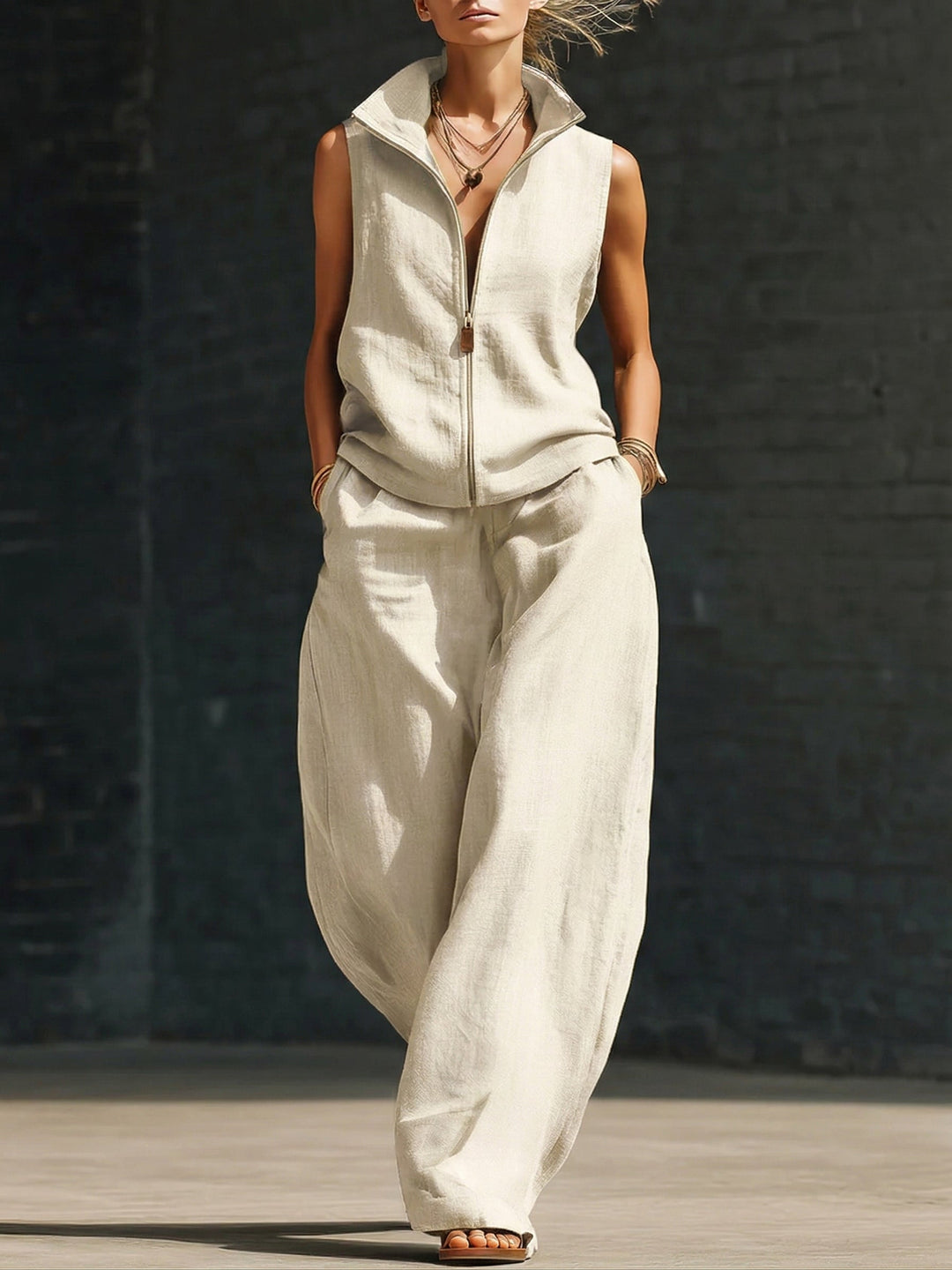 Set di due pezzi in lino cotone con colletto alla moda e zip