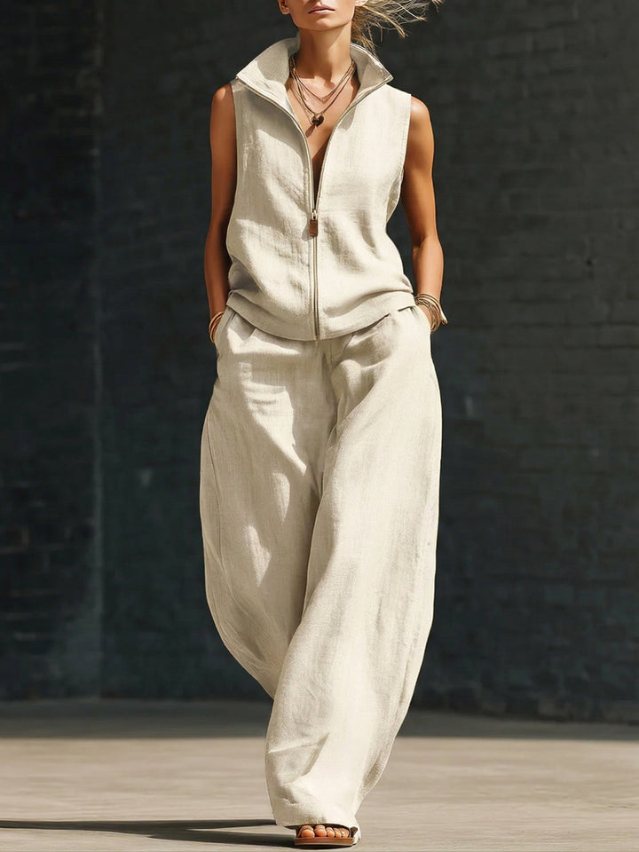 Set di due pezzi in lino cotone con colletto alla moda e zip