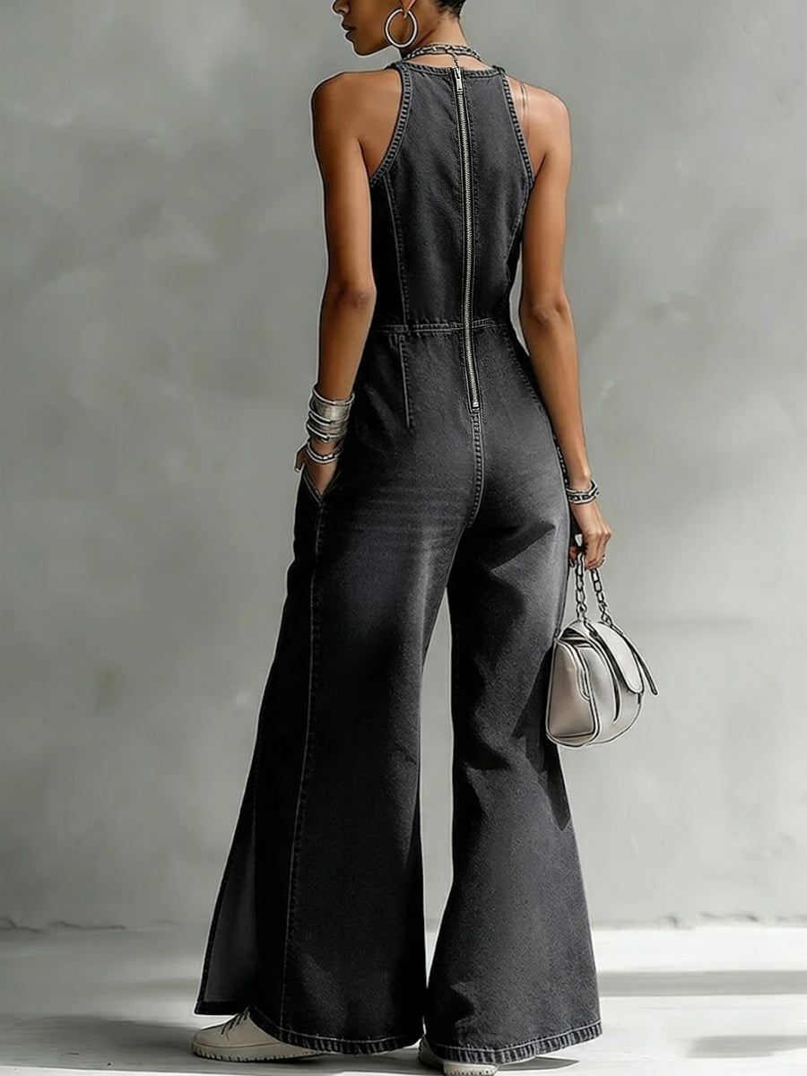 Salopette in Denim Senza Maniche Casual