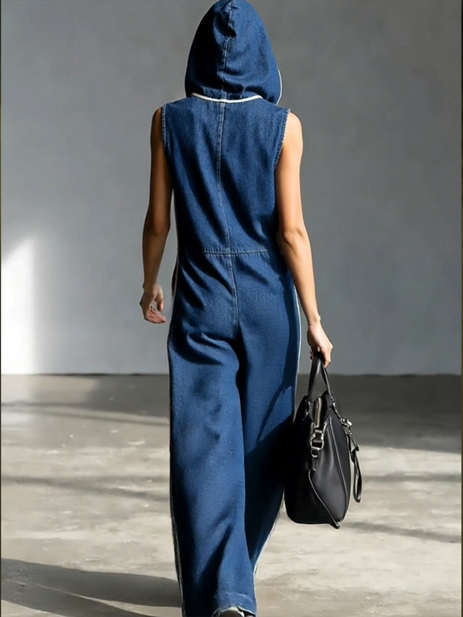 Salopette in Denim a Strisce Patchwork Casual con Cappuccio