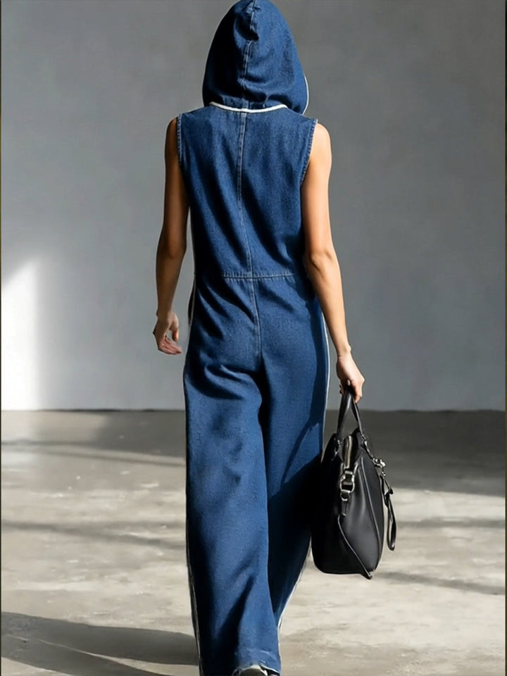 Salopette in Denim a Strisce Patchwork Casual con Cappuccio
