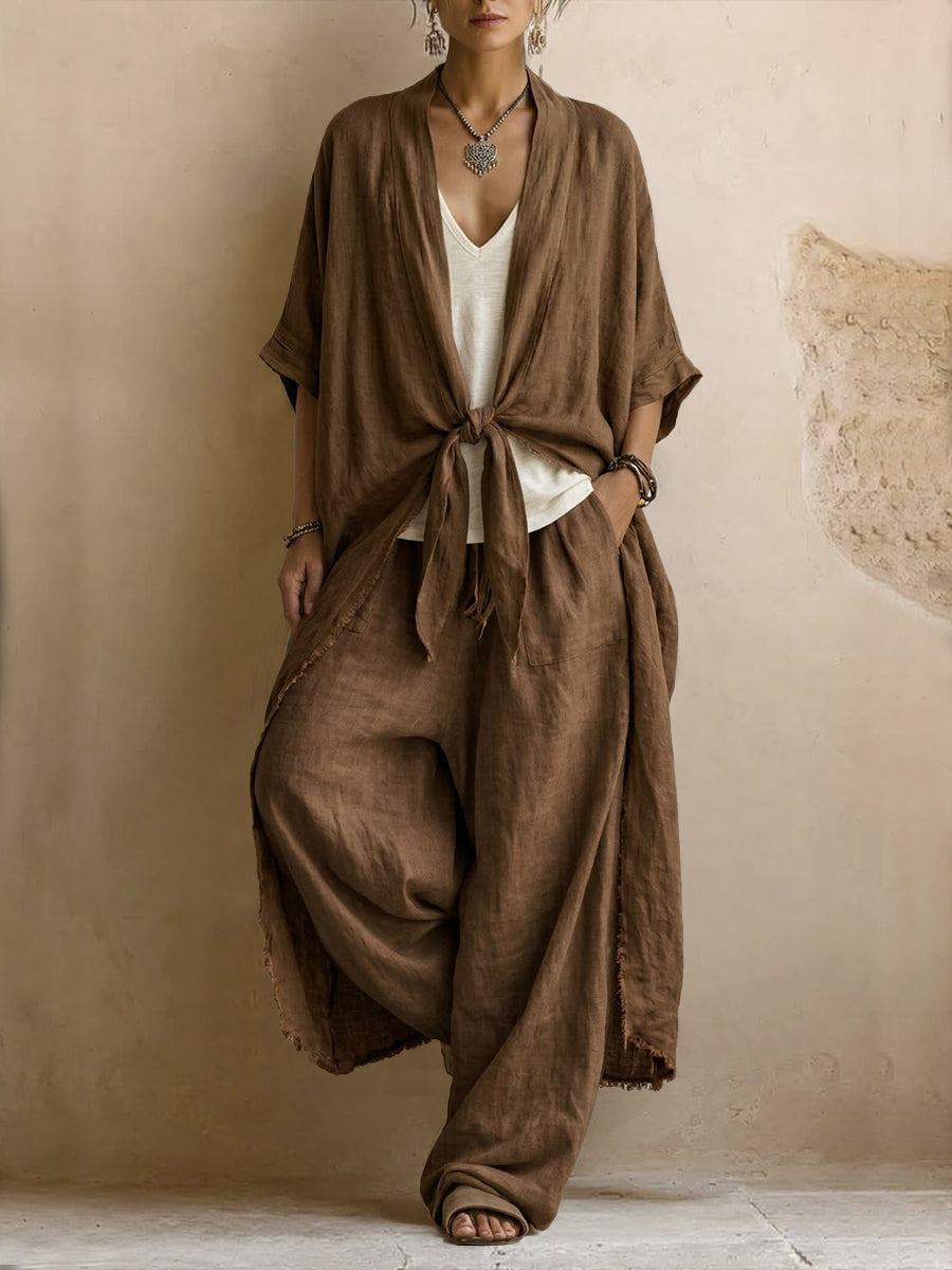 Set Due Pezzi in Cotone e Lino Stile Boho con Cardigan Lungo e Pantaloni
