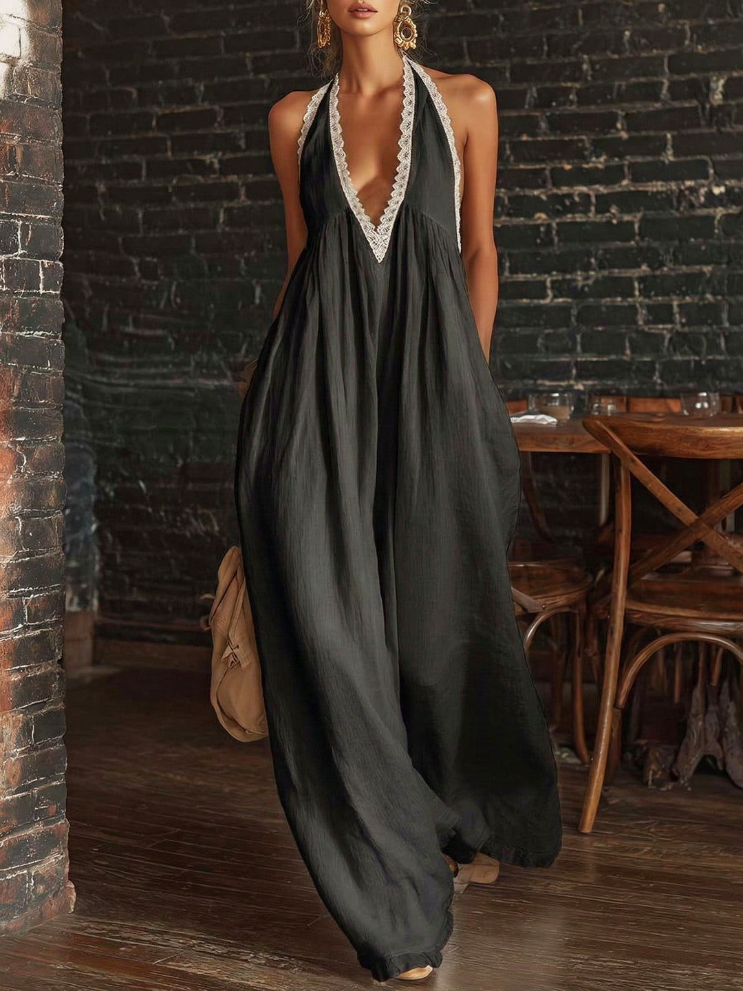 Elegante e Sexy Tuta in Pizzo con Scollo a V in Cotone e Lino