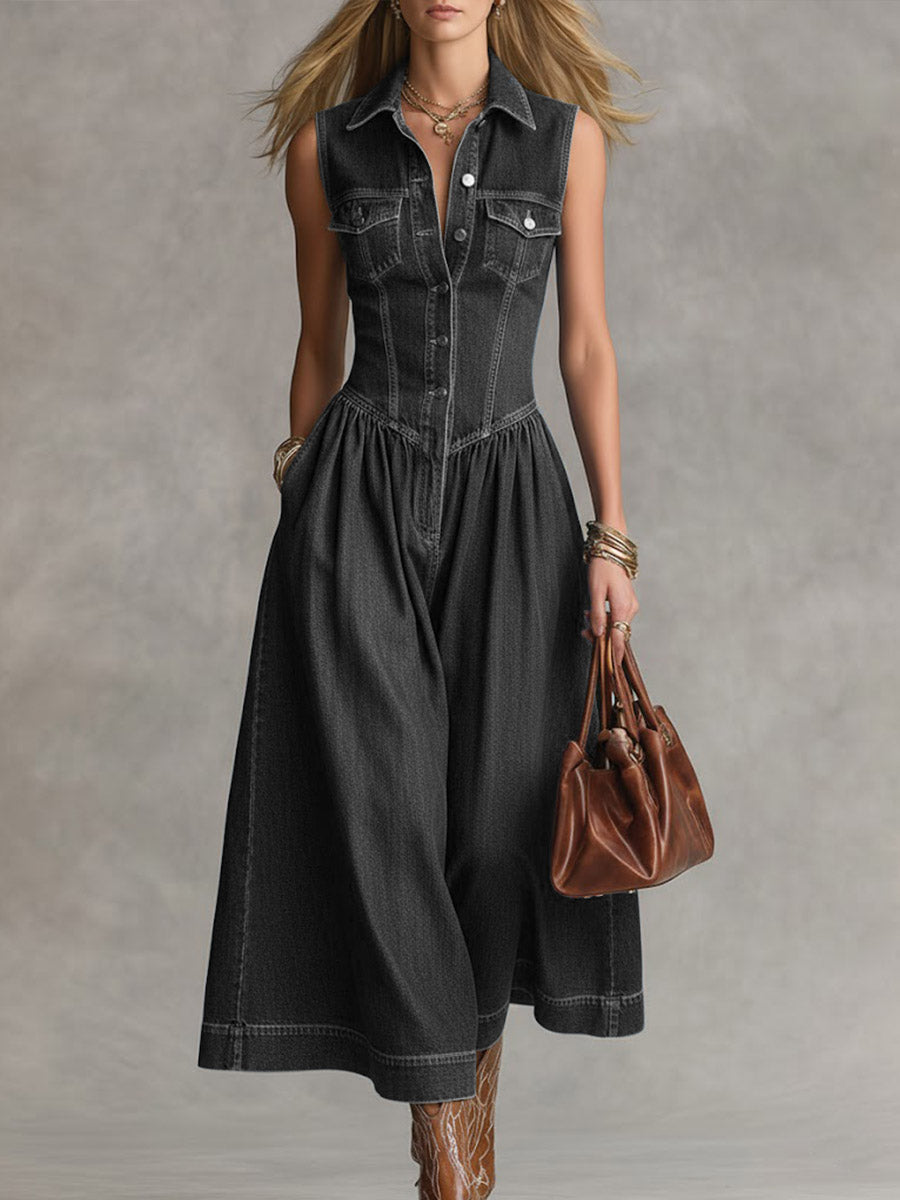 Tuta Denim Larga Senza Maniche da Donna con Collo a Revers