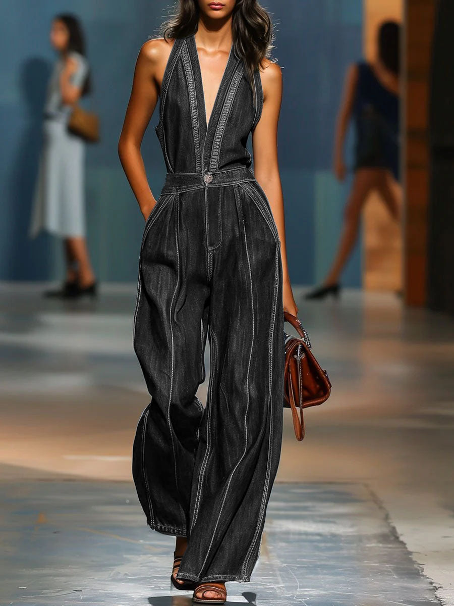 Salopette in denim senza maniche con scollo a V e gambe larghe per donne