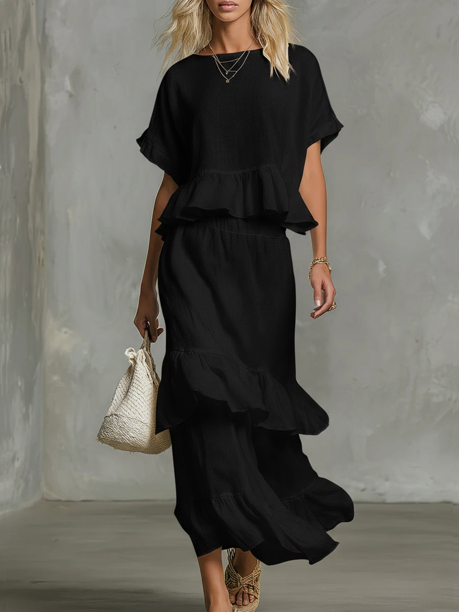 Set di Top e Gonna Ruffled in Lino e Cotone per Donna