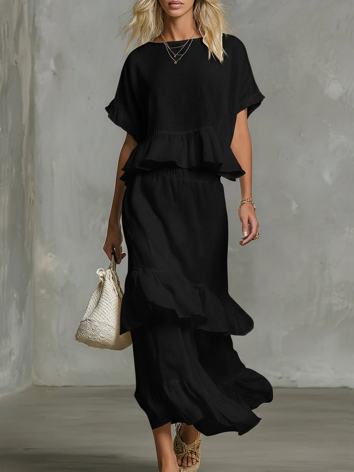 Set di Top e Gonna Ruffled in Lino e Cotone per Donna