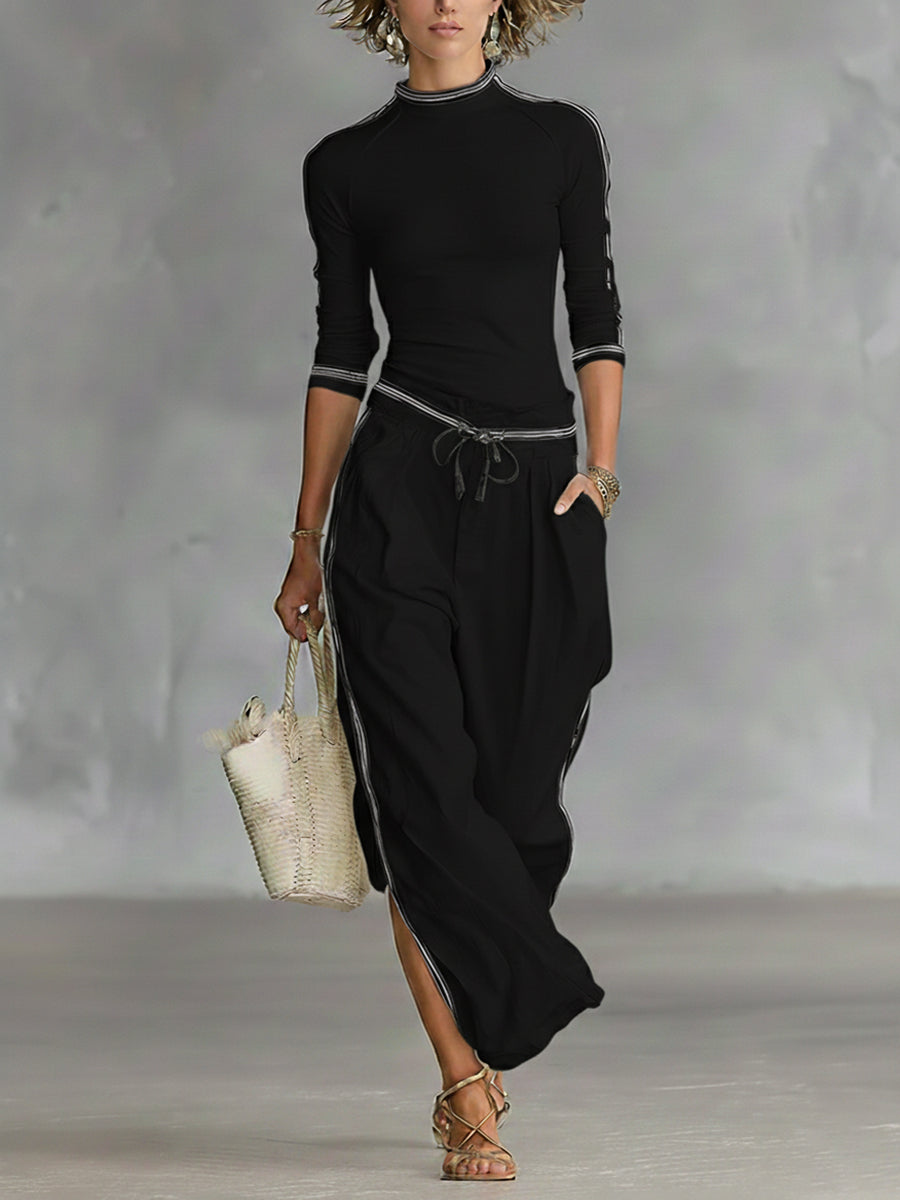 Set di Top in Maglia Stretch Confortevole da Donna e Pantaloni in Lino e Cotone