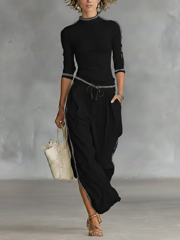 Set di Top in Maglia Stretch Confortevole da Donna e Pantaloni in Lino e Cotone