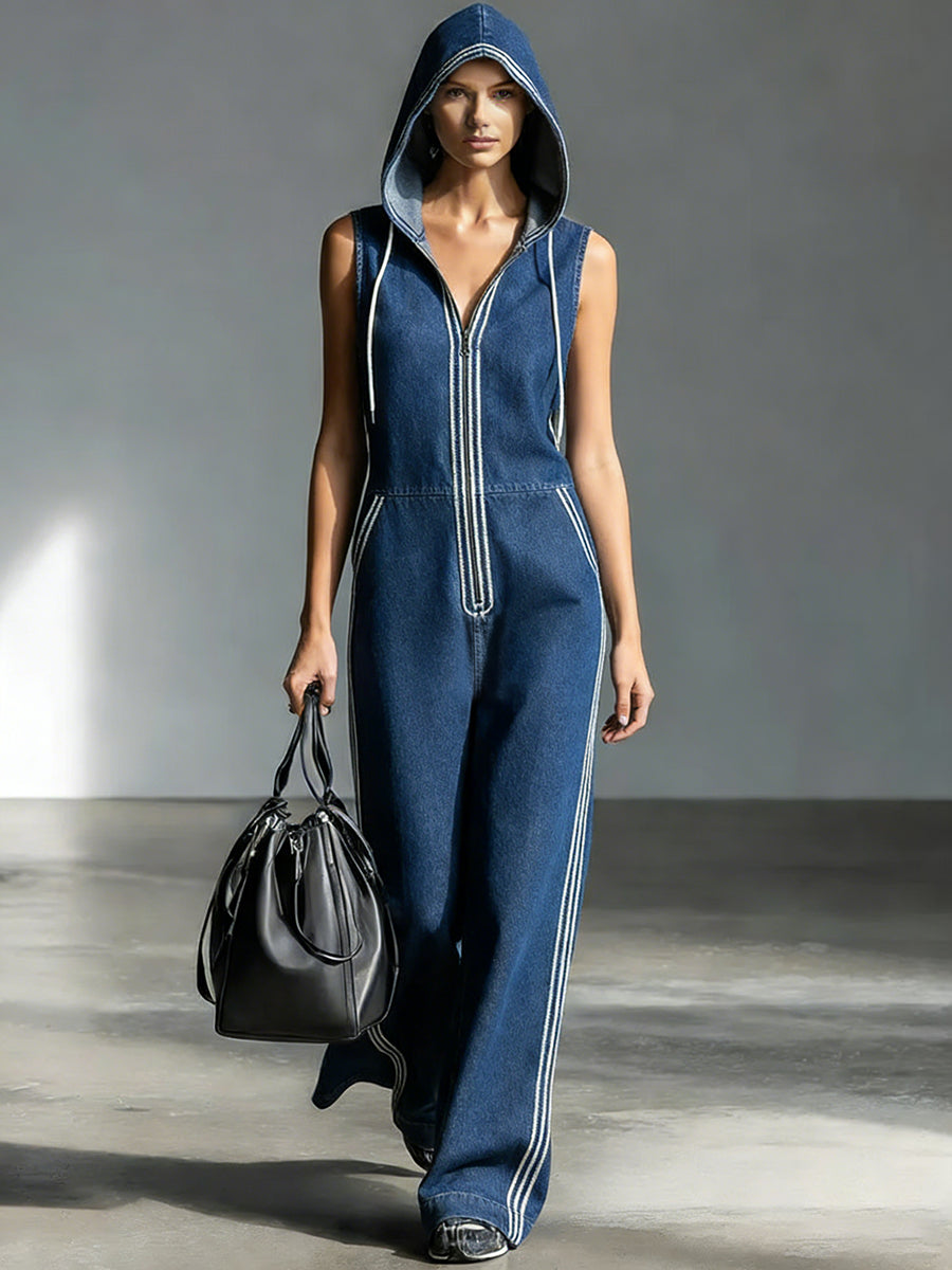 Salopette in Denim a Strisce Patchwork Casual con Cappuccio