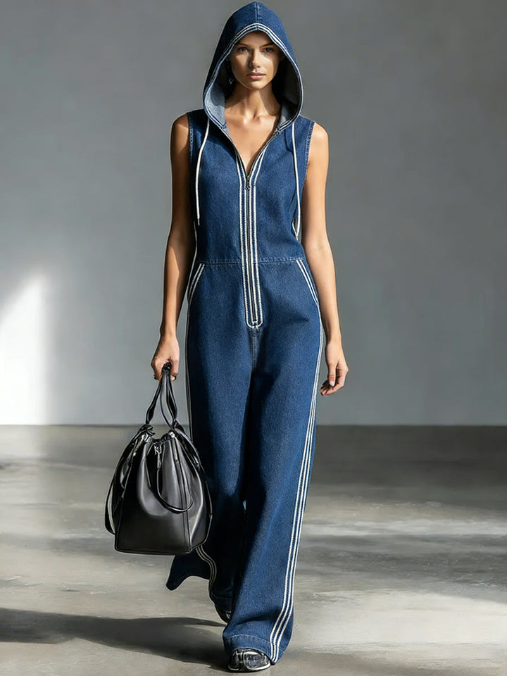 Salopette in Denim a Strisce Patchwork Casual con Cappuccio