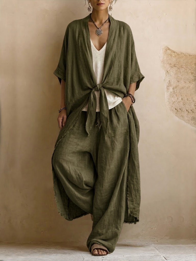 Set di due pezzi in lino e cotone in stile bohemien: cardigan lungo e pantaloni