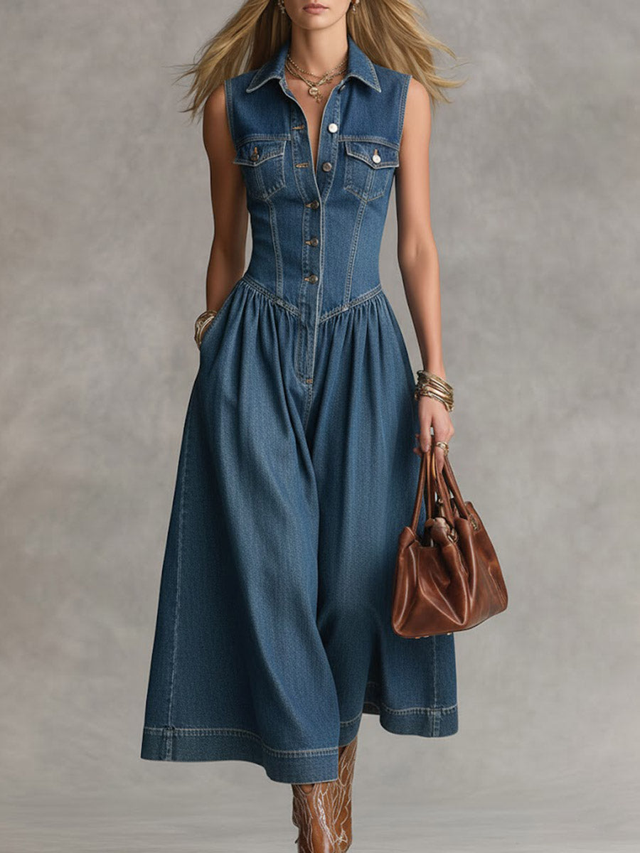 Salopette ampia in denim senza maniche da donna con colletto a revers