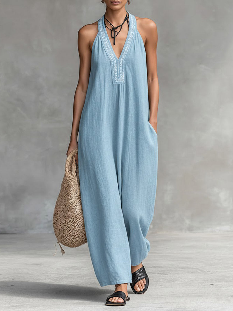 Salopette Donna Senza Maniche V-Neck a Collo Halter in Cotone Lino a Colore Unico