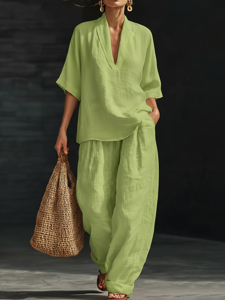 Set Due Pezzi Minimalista in Lino Casual e Confortevole