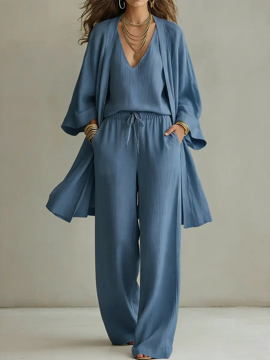 Set di Pantaloni Larghi Minimalisti in Cotone e Lino per Donna