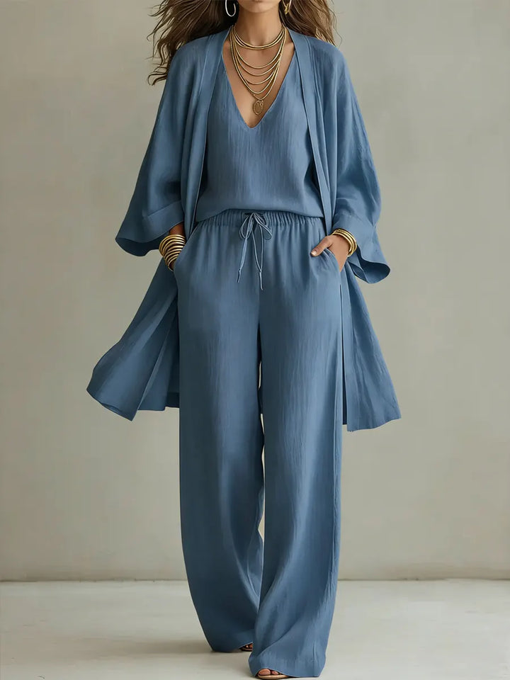 Set di Pantaloni Larghi Minimalisti in Cotone e Lino per Donna